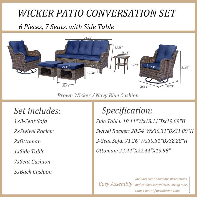 6 Piece Outdoor Wicker Patio Conversation Sofa Sets with Swivel Chairs