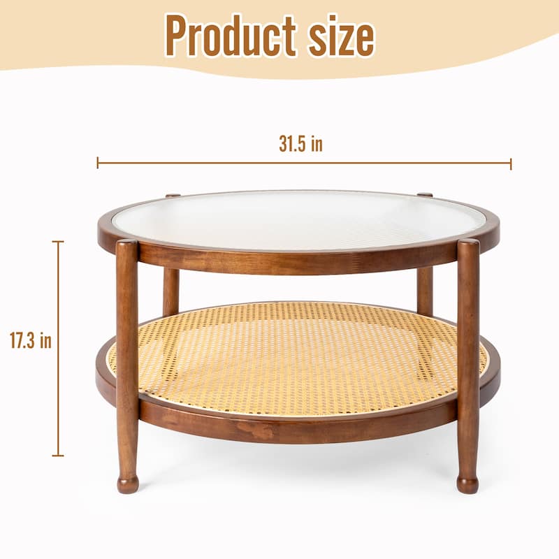 31.5in Rattan Coffee Table with Tempered Glass Top and Hand-Woven Shelf for Indoor Outdoor - 31.5” x 31.5” x 17.3”