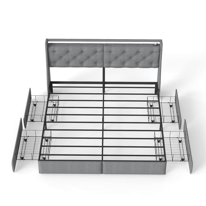 Metal Platform Bed Frame with Underbed Storage Drawers, LED Storage Headboard with Charging Station