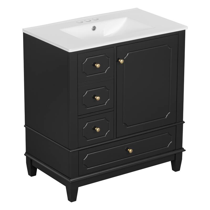 30" Bathroom Vanity With Sink, Freestanding Vanity Cabinet With Ceramic Basin, 3 Drawers, Storage Shelves Included