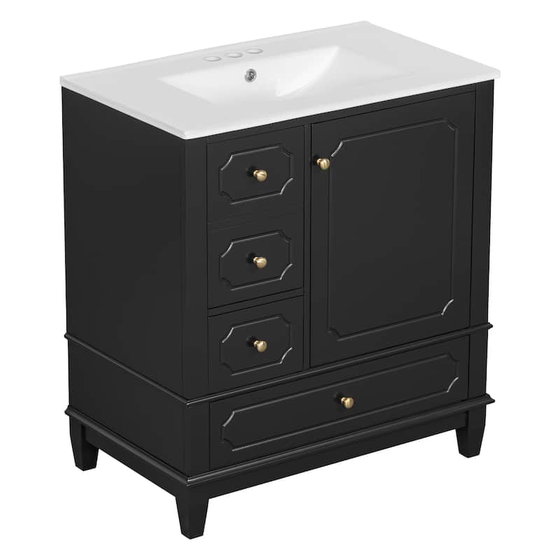 GDFStudio 30" Freestanding Bathroom Vanity with Ceramic Sink and Storage Drawers - 30" W x 18" D x 33.8" H