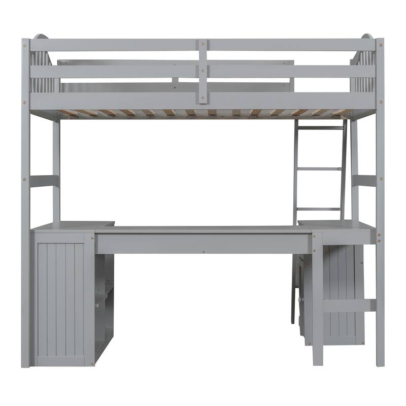 Twin Size Loft Bed with Desk, Storage Drawers, and Shelves, Solid Pine Wood Frame
