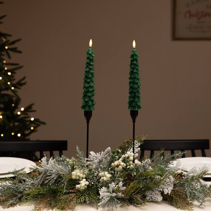 Flickering LED Flameless Wax Tapered Christmas Tree Candles - 9.75" - Green - Set of 2