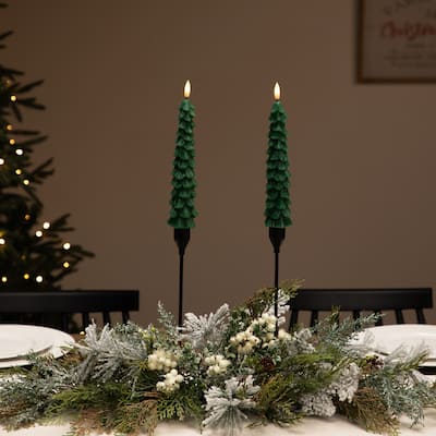 Flickering LED Flameless Wax Tapered Christmas Tree Candles - 9.75" - Green - Set of 2