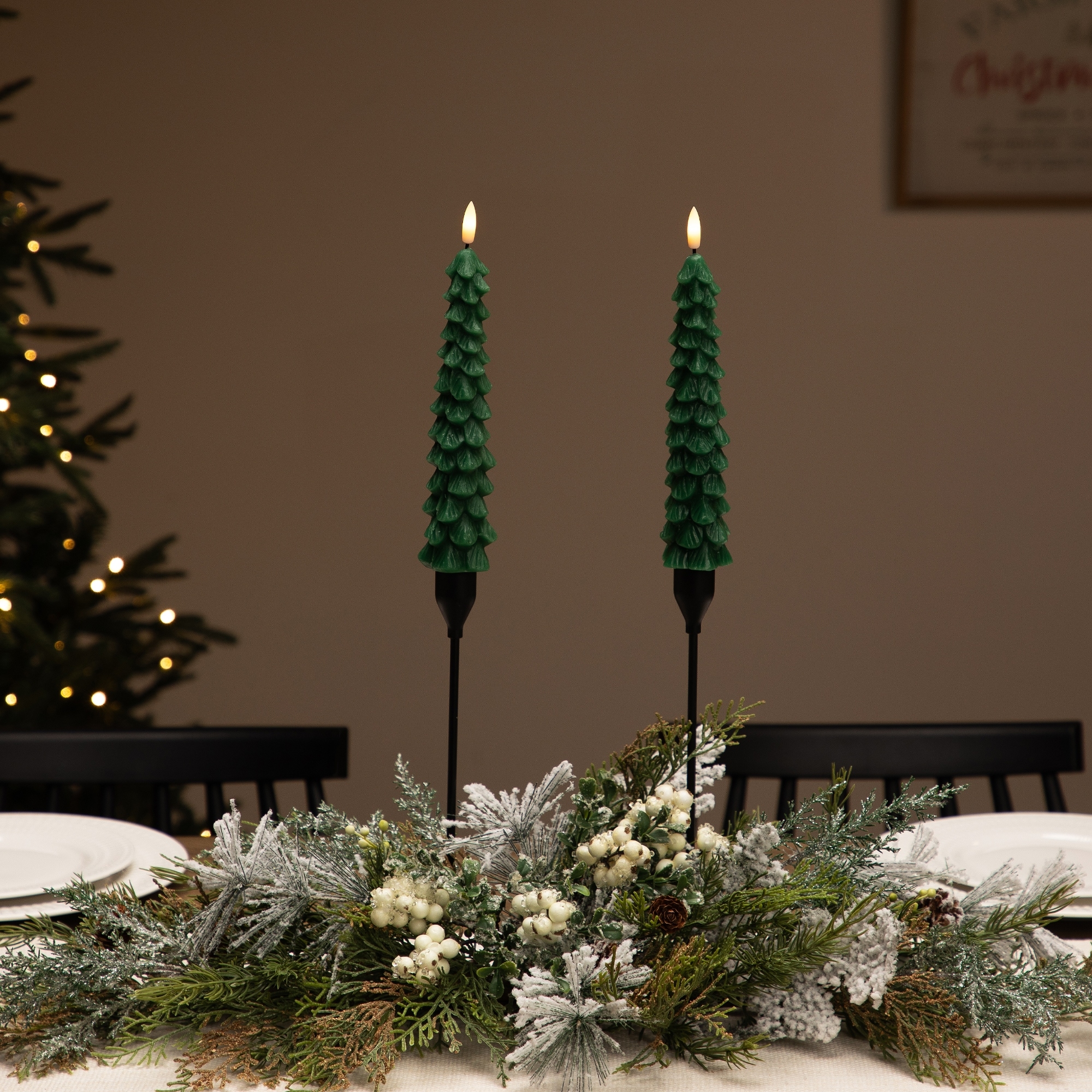 Flickering LED Flameless Wax Tapered Christmas Tree Candles - 9.75" - Green - Set of 2