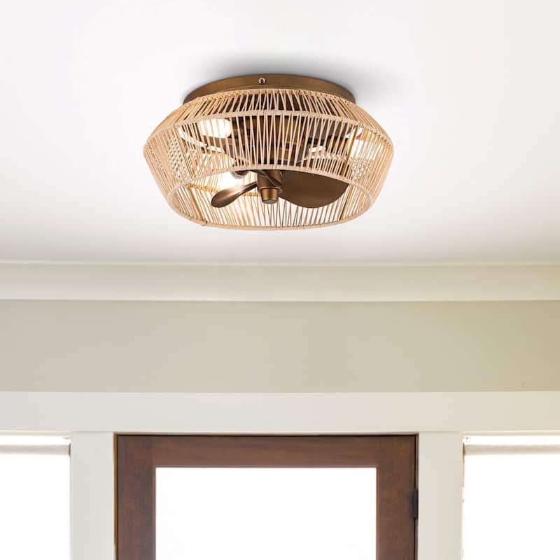13.5" Coastal Rattan Brushed Bronze Cage Flush Mount Ceiling Fan with Lights