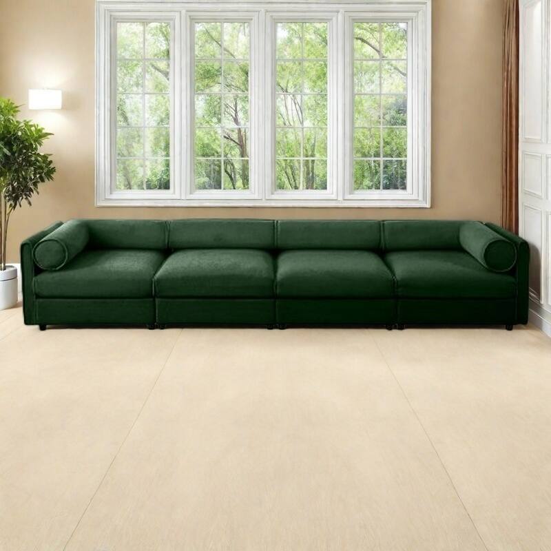 Modern Chenille 6-Seater Sofa with Ottoman Storage, Hidden Storage, Cylindrical Cushioned Arms and Backrest - 4 Seater Green