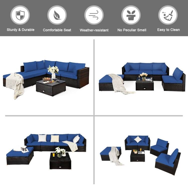 6 Pieces Outdoor Patio Rattan Furniture Set Sofa Ottoman with Coffee Table - 30'' x 30'' x 26''(L x W x H)