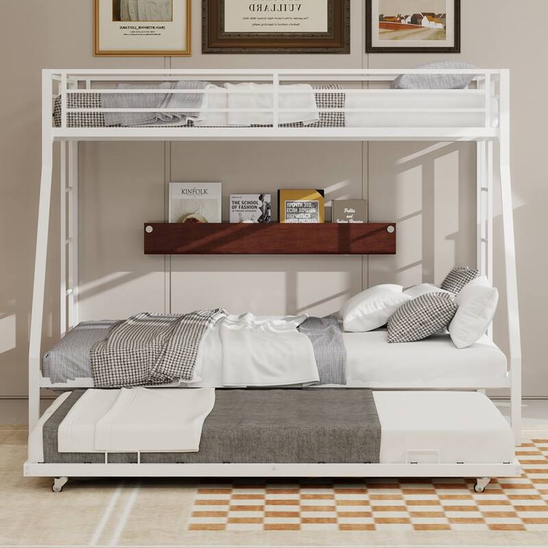 Modern Square Tube Bunk Bed with Ladder and Rolling Trundle Bed