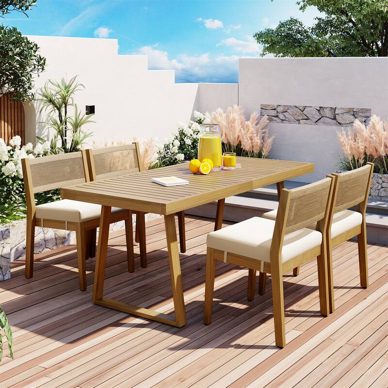 Multi-person Outdoor Acacia Wood Dining Table and Chair Set - Beige
