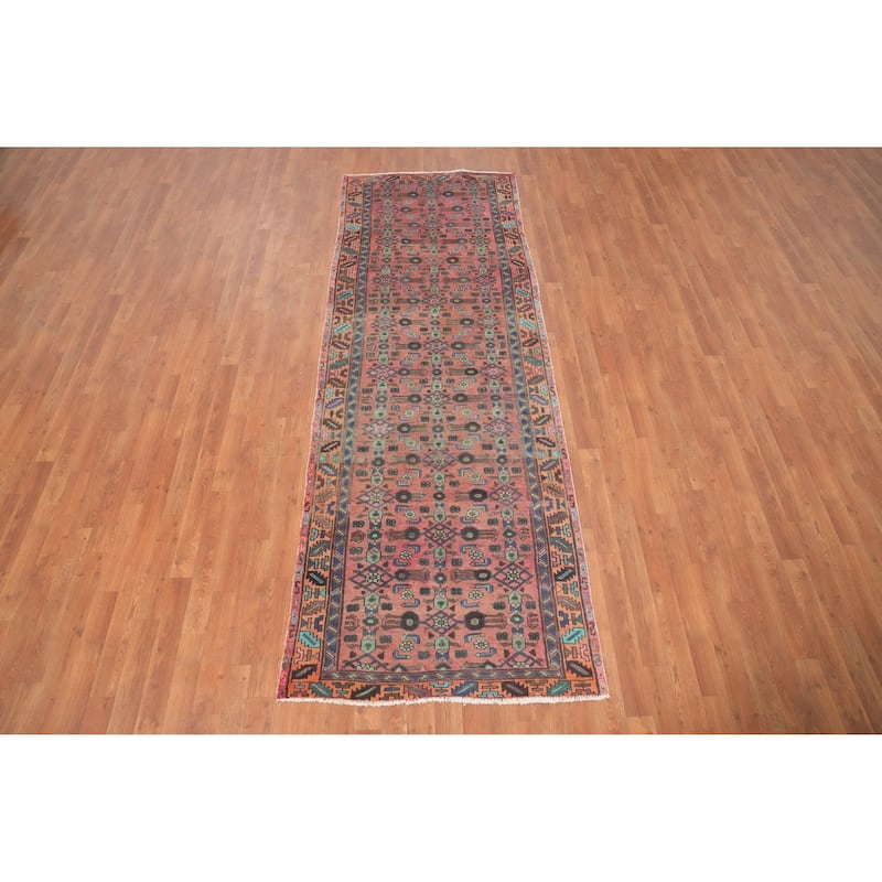 Hand Knotted Oriental 100% Wool Carpet Traditional Geometric Pink Hamedan Runner Rug - 9' 8'' X 3' 4''