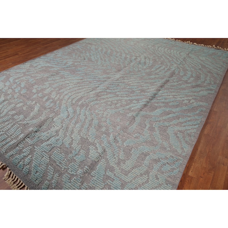 Grey Blue Moroccan Abstract Area Rug Hand-Knotted Wool Carpet - 9'0"x 12'7"