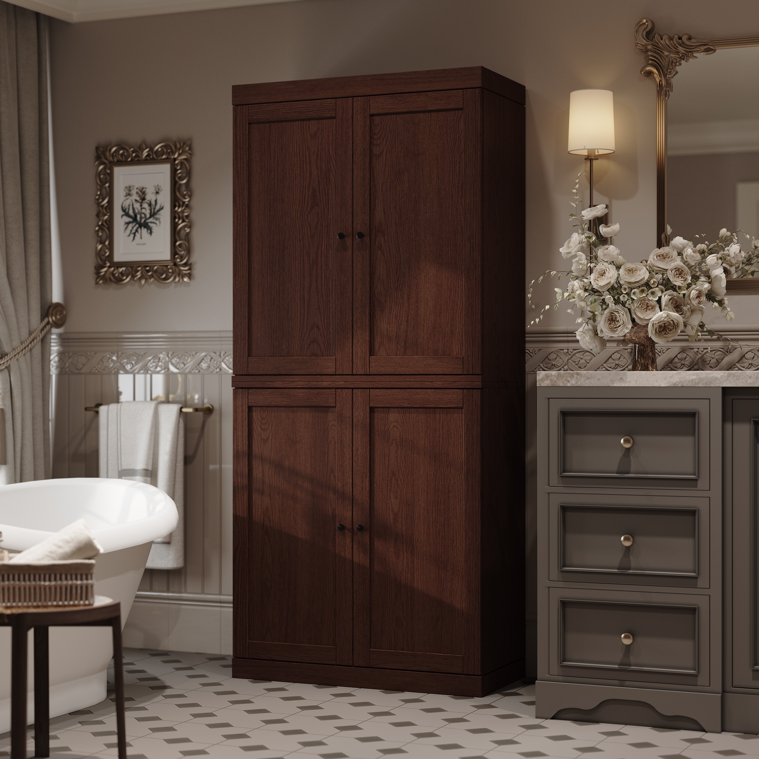 Palace Imports Premium 100% Solid European Oak Hardwood Bathroom Storage Cabinet with Shaker Doors - 32" Wide, 71.5" Tall