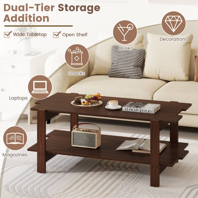 Contemporary Rectangular Coffee Table with Storage Shelf and Wooden Slatted Design for Home or Office - 45" x 23.5" x 18.5"