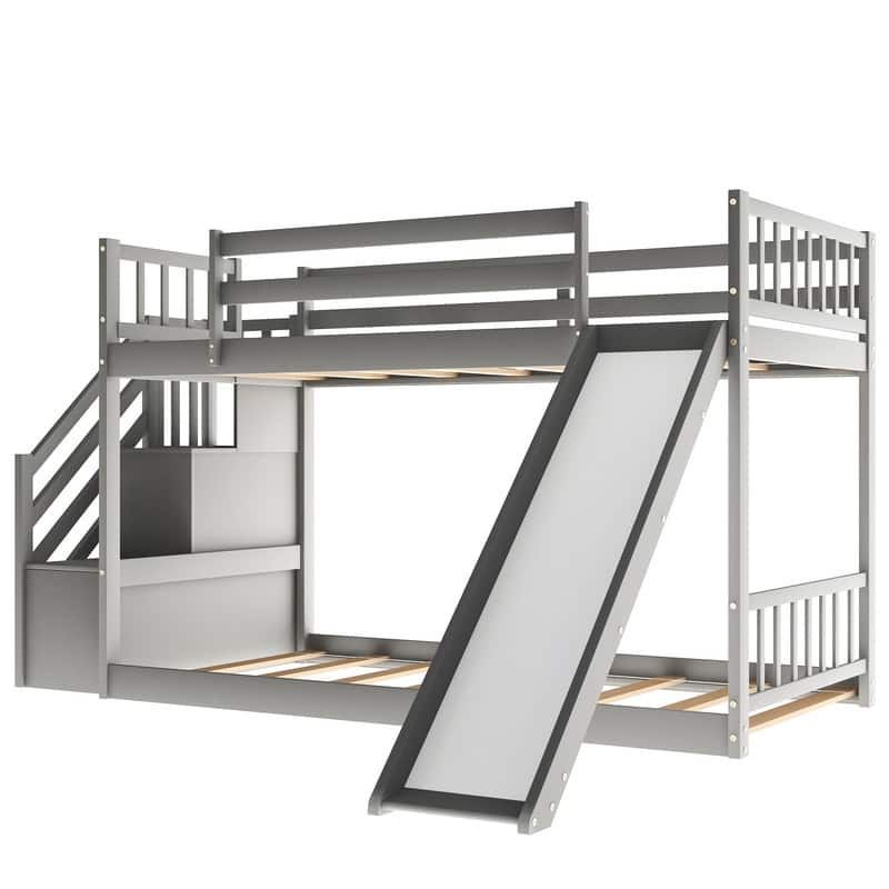 Twin Over Twin Floor Bunk Bed with Slide, Stairway with Storage