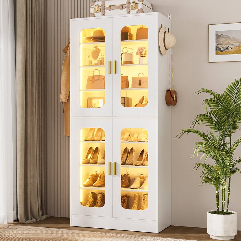 8-Tier Shoe Cabinet with LED Light, 32 Pairs Tall Shoe Storage Organizer with Side Hooks - White - 1pc