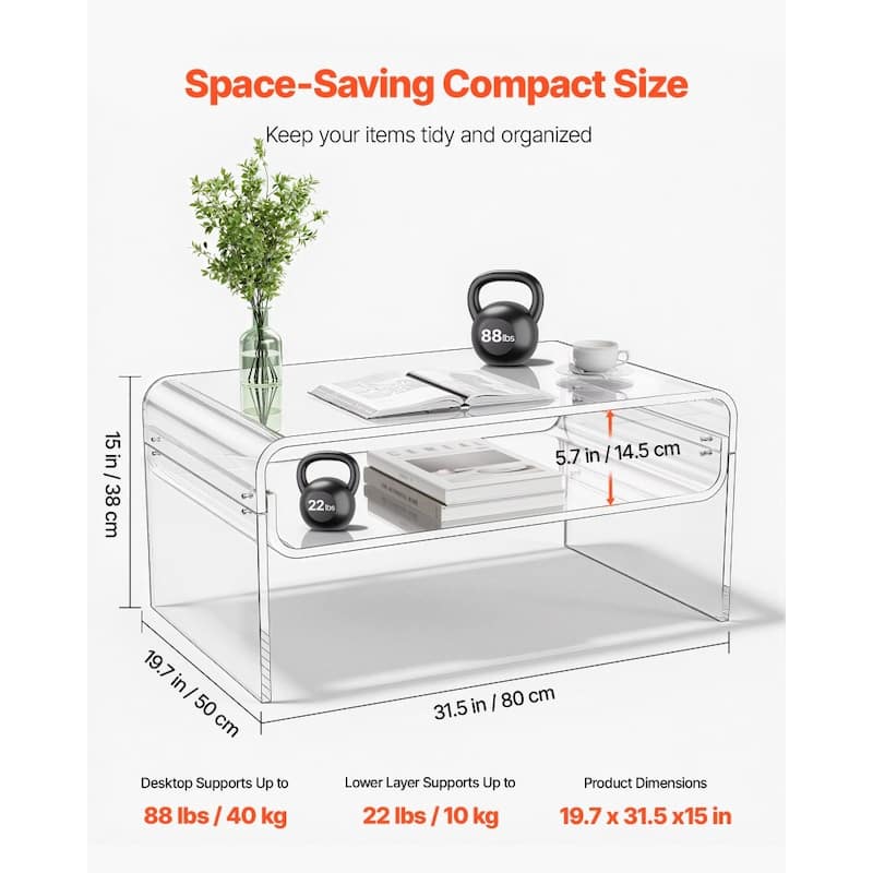 Clear Transparent Acrylic 2-Tier Coffee Table with Sturdy Metal Connectors and Storage - 19.7 x 31.5 x 15 in