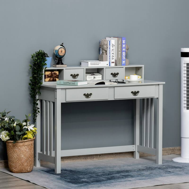 HOMCOM Study Writing Desk Computer Table Workstation with Removable Shelf, 2 Drawers, and Wide Tabletop, Grey - Grey - Wood Finish