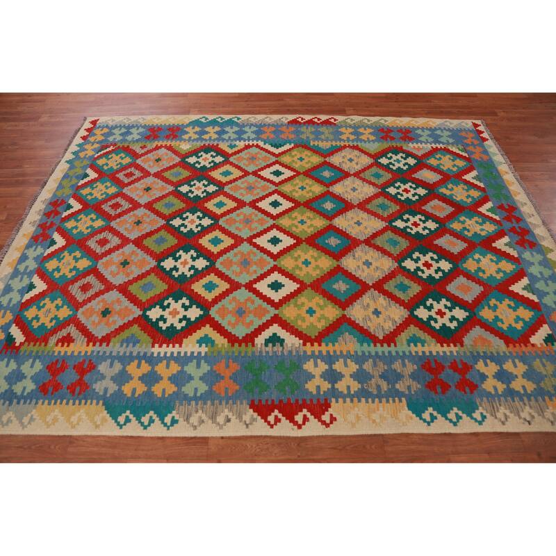 Hand Woven Oriental 100% Wool Carpet Southwestern Geometric Multi-Colored Kilim Area Rug - 8' 3'' X 6' 3''