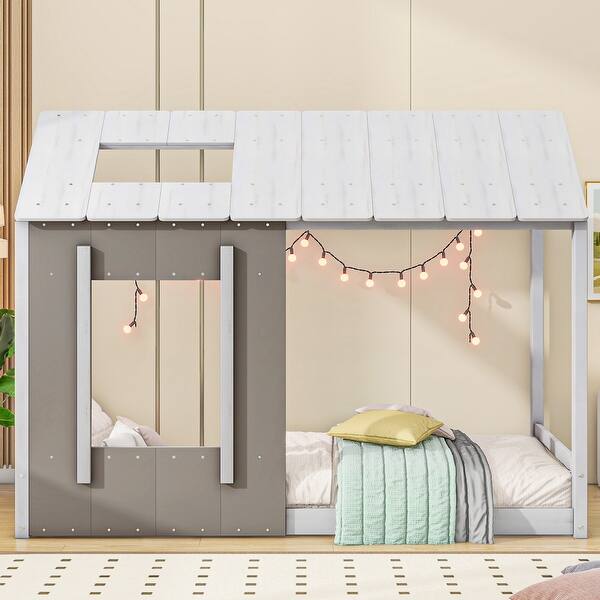 slide 2 of 8, Twin Size House Platform with Roof and Window, White+Antique Grey White+Antique Grey - Twin