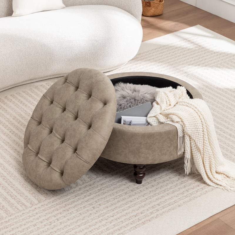 SEYNAR 29.5''Modern PU Leather Round Storage Ottoman with Wood Legs