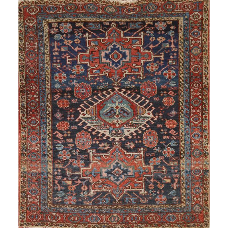 Blue Heriz Serapi Persian Accent Antique Area Rug Handmade Wool Carpet - 3'11"x 4'9"