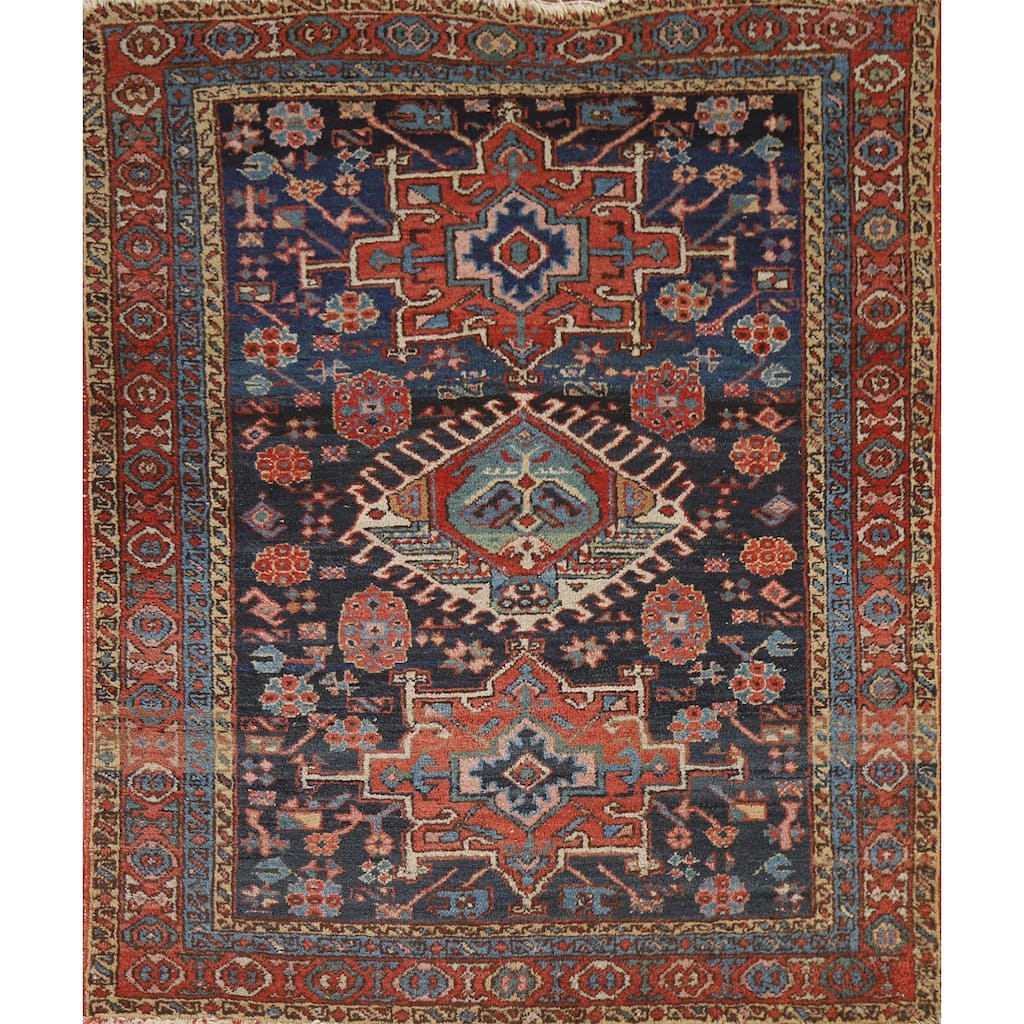 Blue Heriz Serapi Persian Accent Antique Area Rug Handmade Wool Carpet - 3'11"x 4'9"