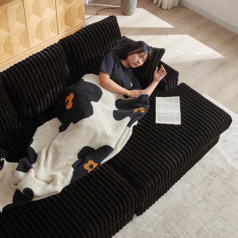 Anmytek 84 Inch Corduroy 3-Seater Deep Seat Sofa with Ottoman Storage Cup Holders and Pillows