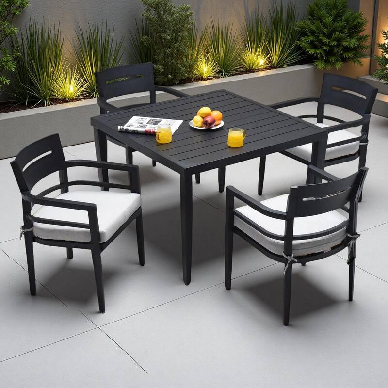 5-Piece Outdoor Patio Aluminum Dining Set with 40" Square Table, 4 Cushioned Armchairs, and Umbrella Hole - Ember Black
