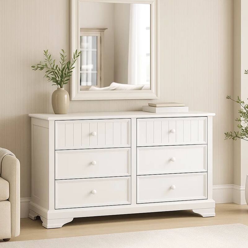 Toli Wide Dresser, 6 Drawers w Round Knobs, White Solid Hardwood