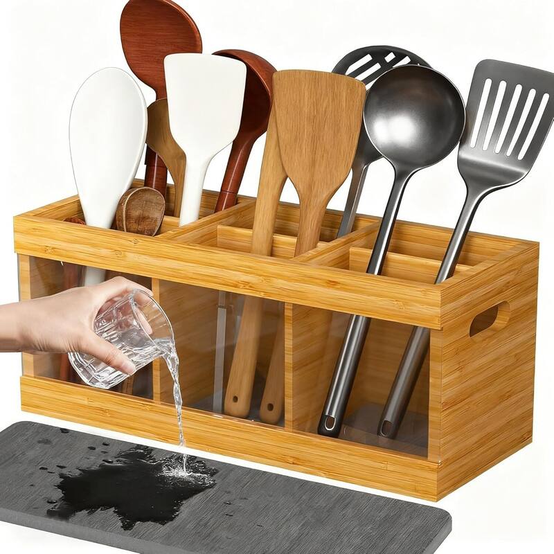 6 Compartments Kitchen Cooking Bamboo Utensil Holder Organizer for Countertop - Orange