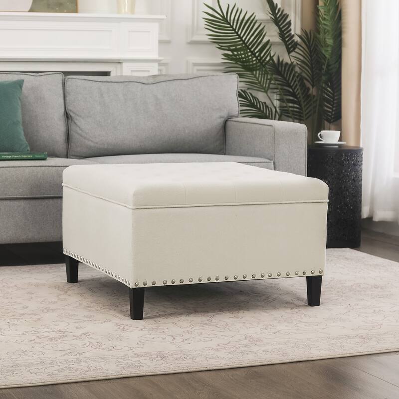 Adeco Large Square Footstool Fabric Storage Ottoman Bench