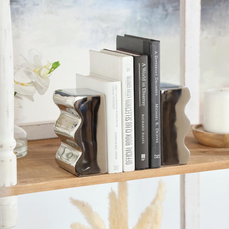 Silver Aluminum Metal Wave Inspired Decorative Bookends (Set of 2)