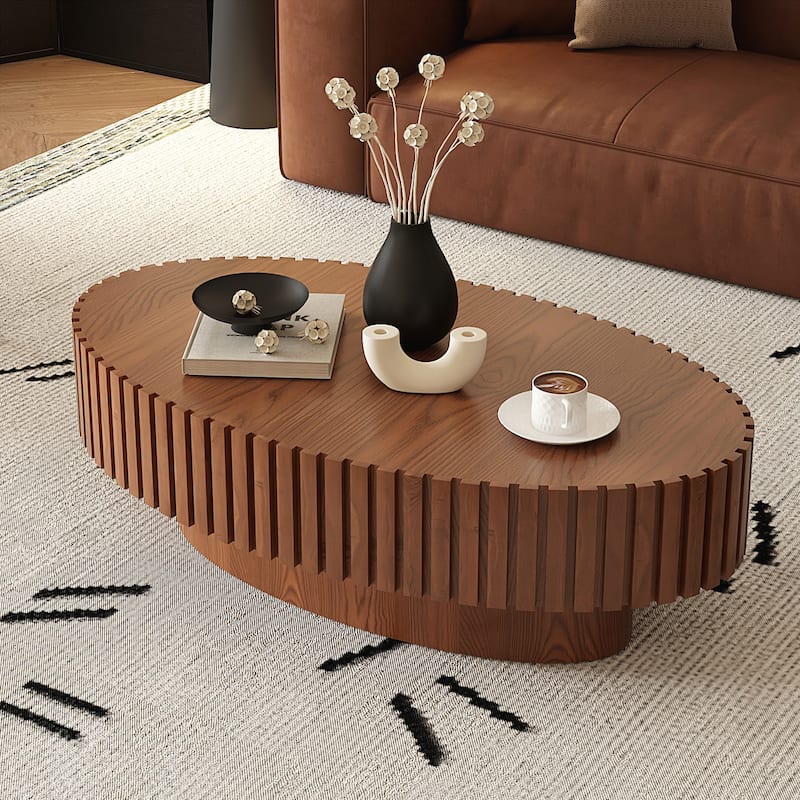 Oval Coffee Table Handcrafted Relief Sturdy Pedestal Wooden Olive-Shaped Tea Table for Living Room