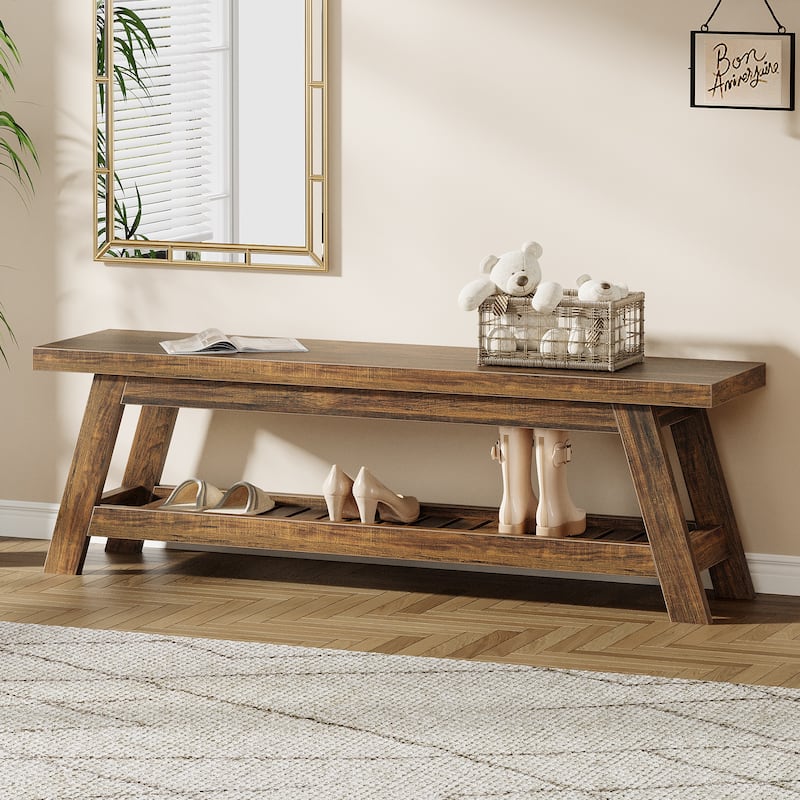 55" Entryway Bench with Shoe Storage, Large 2-Tier Foyer Bench