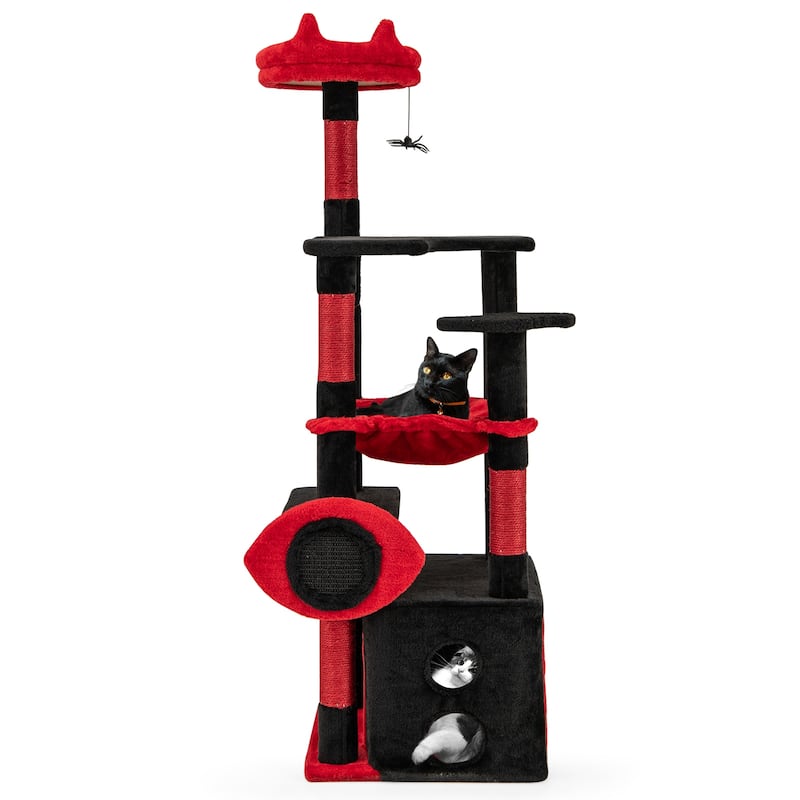 Black and Red Gothic Cat Tree Tower with Condo Perch Hammock and Scratching Posts - 52"