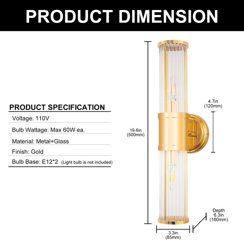 YANSUN Crystal Vanity Light in Gold Finish with E12 Bulb Base for Stylish Home Illumination - 19.6*3.3*6.3