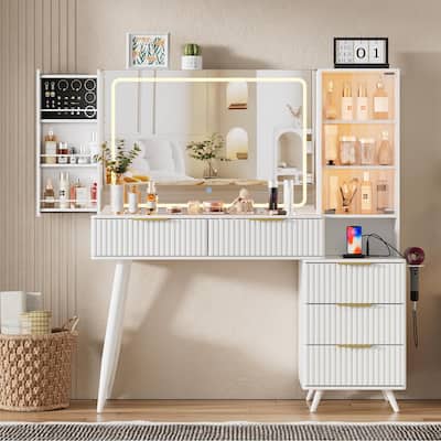 Vanity Desk with with Mirror and Lights,Makeup Vanity Table with Glass Top and Drawers&Cushioned Stool,Dressing Table