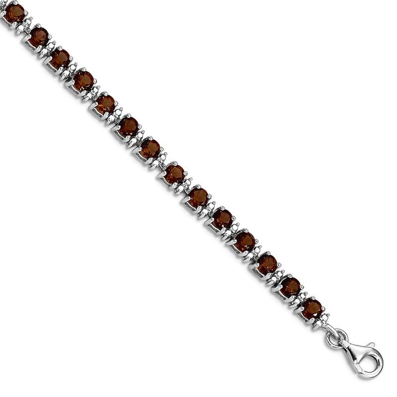 Curata 925 Sterling Silver 7" Round Gemstone and Diamond Line Bracelet - Smokey Quartz - White