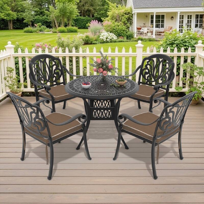 5-Pieces Aluminum Patio Set , 4 x Armchairs with Cushions with 1 With Umbrella Hole Table