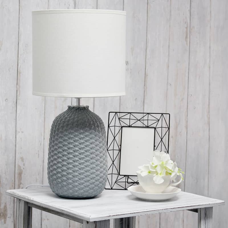 Tall Ceramic Purled Texture Bedside Table Desk Lamp with Drum Shade - 20.5" - Gray and White