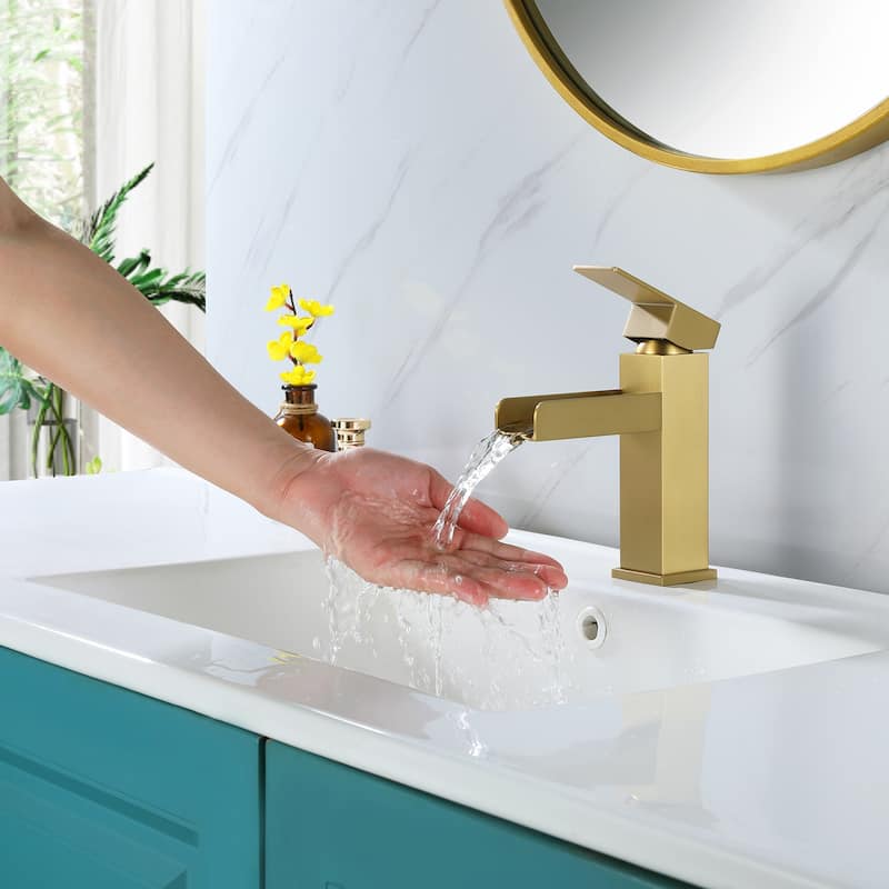 Bathroom Waterfall Faucet Single Handle Vanity Sink Mixer Tap w/ Deck plate - Gold