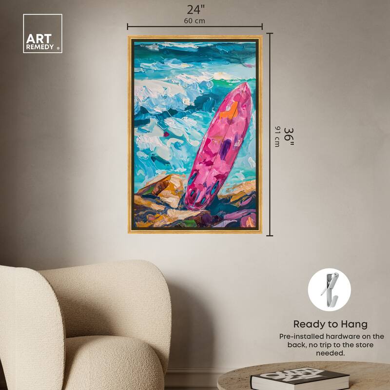 Art Remedy Just A Little Break Wave Framed Colorful Coastal 1 Piece Canvas Wall Art