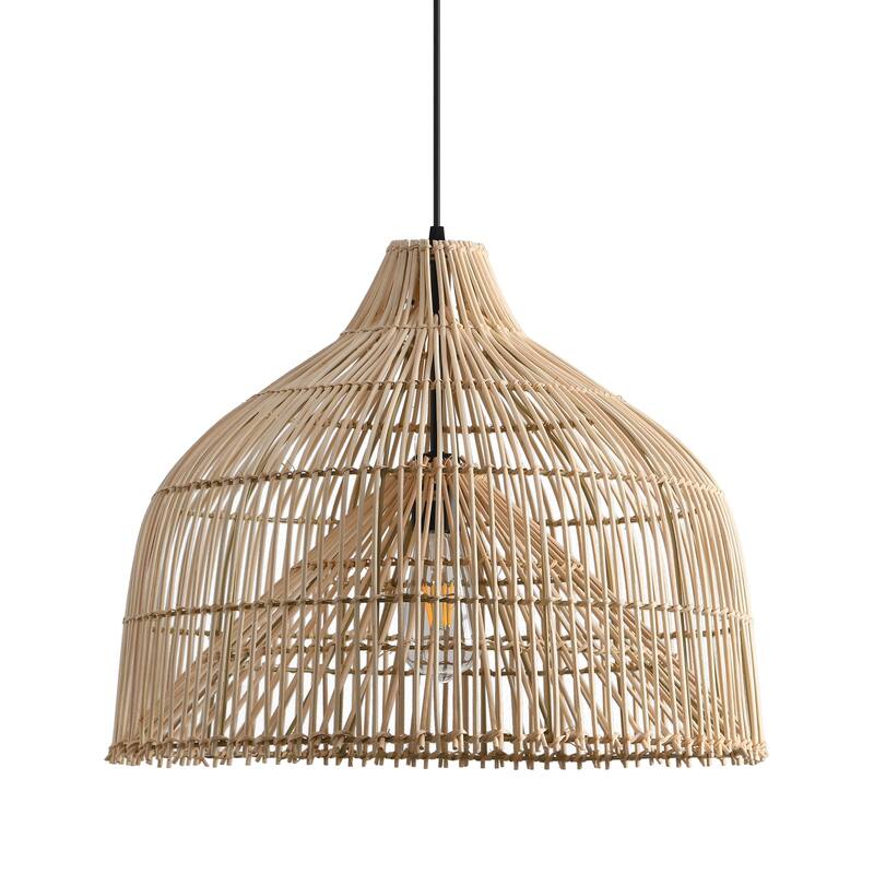 1-Light Boho Brown Rattan Hand-Woven Cloche Hanging Basket Pendant Light - 19.6" W x 62.9" H