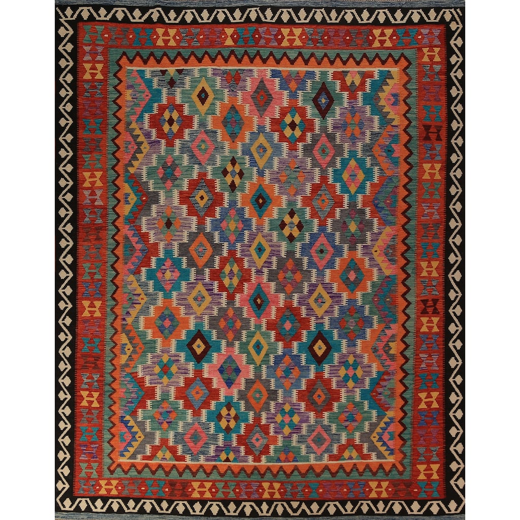 Geometric Kilim Oriental Area Rug Multi-Color Hand-Woven Wool Carpet - 8'3"x 9'10"