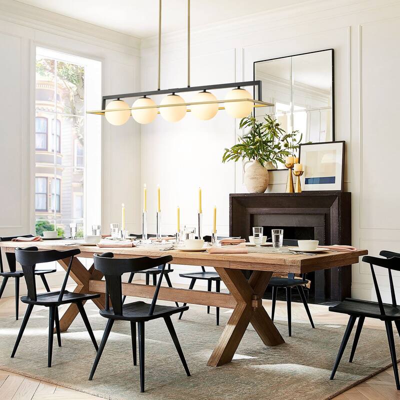 5-Light Modern Industrial Black and Gold Rectangular Pendant Light with Frosted Glass Shade