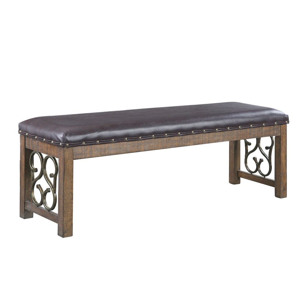 Roomfitters Rustic Upholstered Entryway Bedroom Ottoman Bench, Scrollwork Metal Insert Weathered Cherry Frame, Black