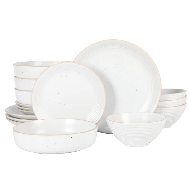 Gibson Home Dinah 16 Piece Double Bowl Stoneware Embossed Speckled Dinnerware Set - White