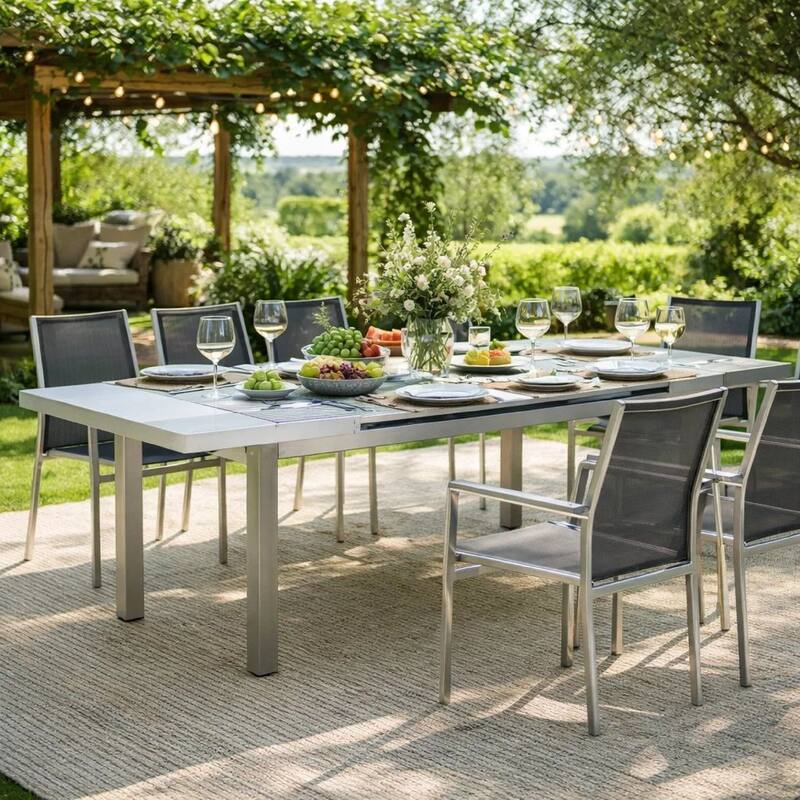 Kylo 90 Inch Extendable Dining Table, Smooth Gray Aluminum Frame, Outdoor