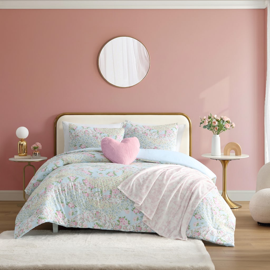 Betsey Johnson Patchwork Floral Reversible Blue Comforter Bonus Set